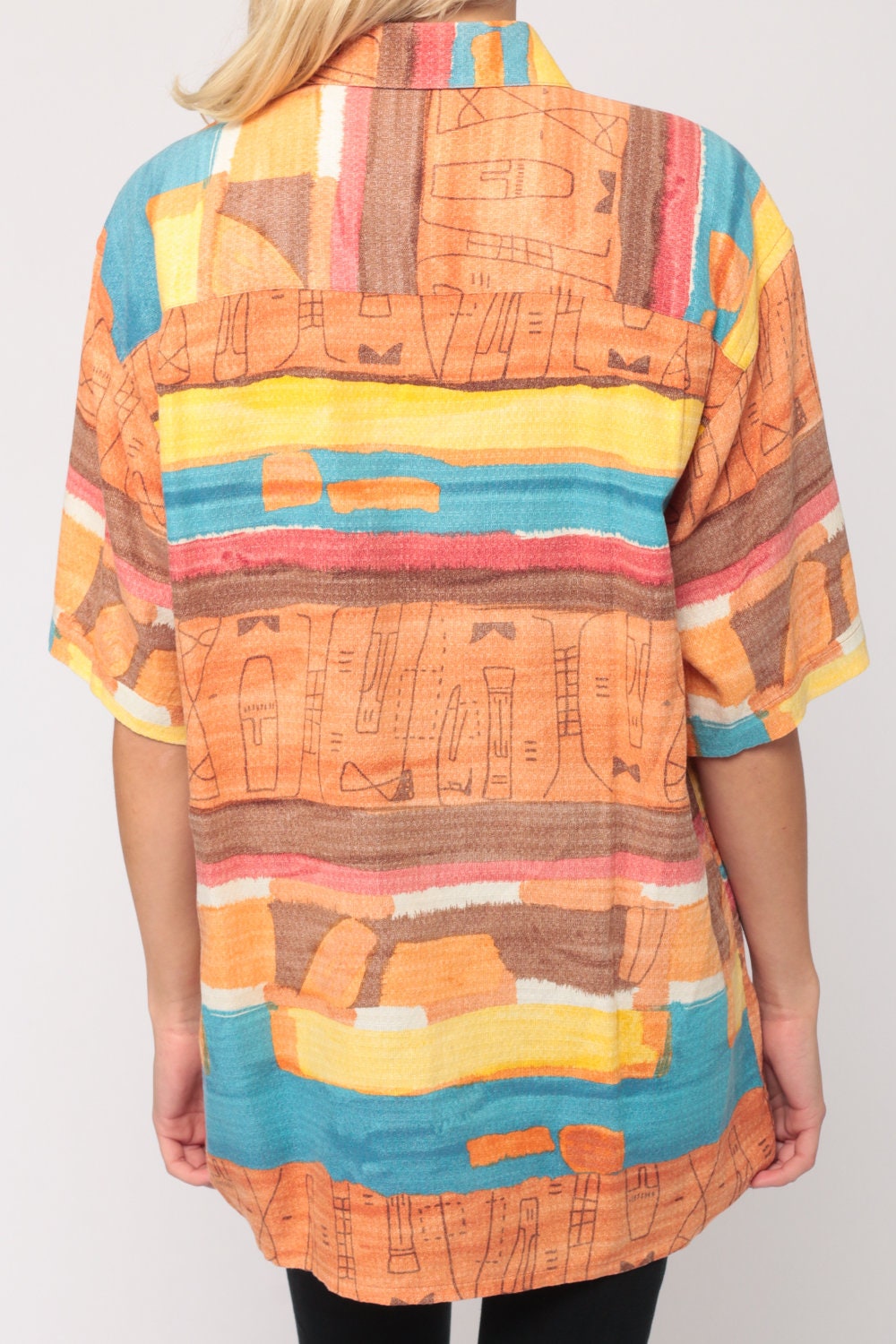 90s Tropical Striped Button-Up Shirt Orange Resort Unisex Medium Large