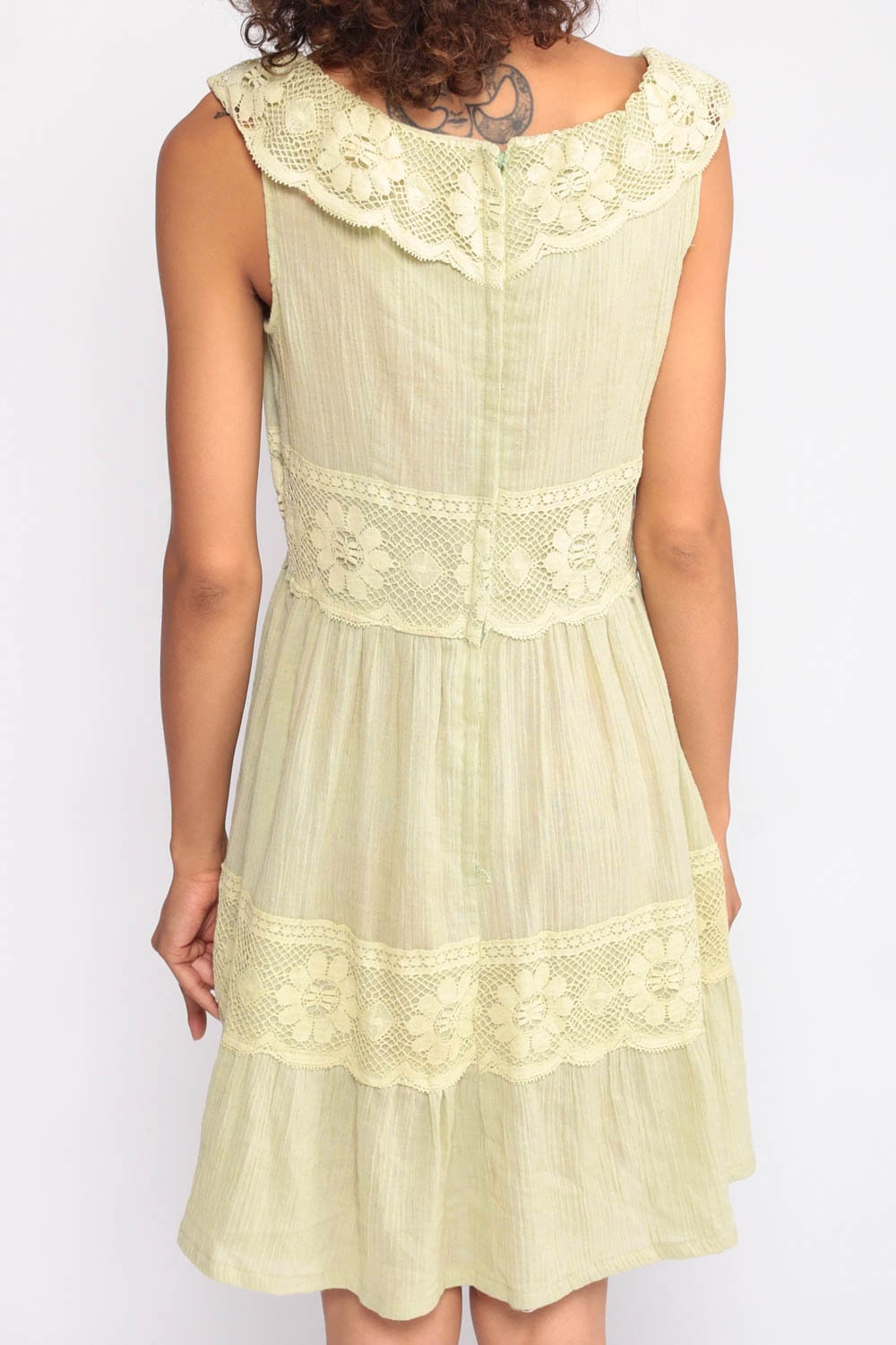 70s Pale Green Gauze Mini Dress Lace Trim High Waist Tiered Small