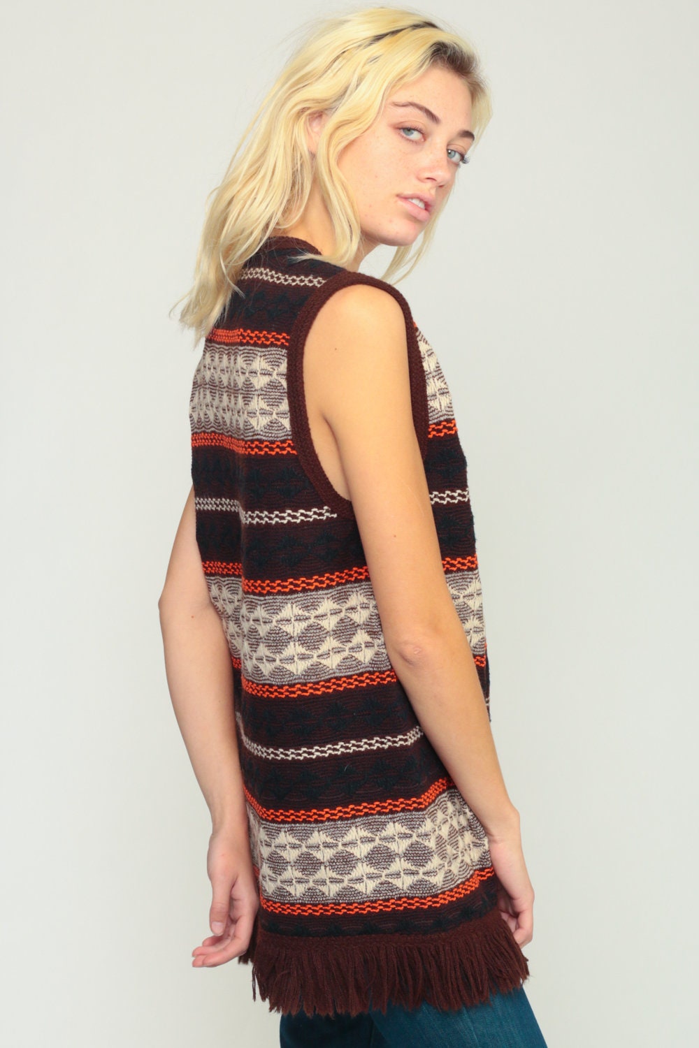 70s Tribal Print Fringe Knit Vest Brown Sleeveless Large