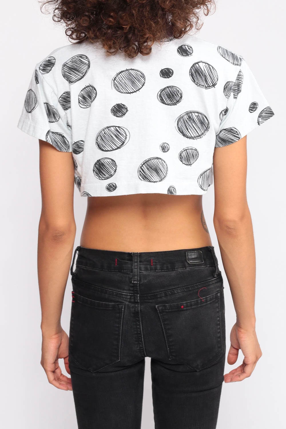 90s Polka Dot Ringer Crop Top White Black Cotton Tee Extra Small