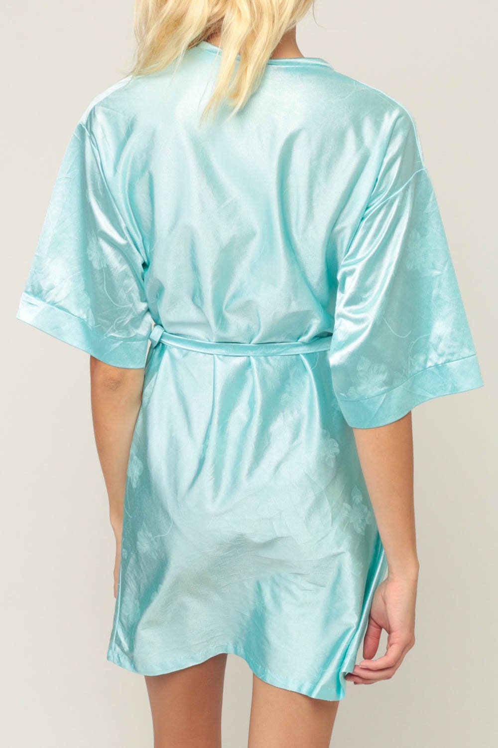 70s 80s Blue Floral Kimono Robe Mini Wrap Dressing Gown Small