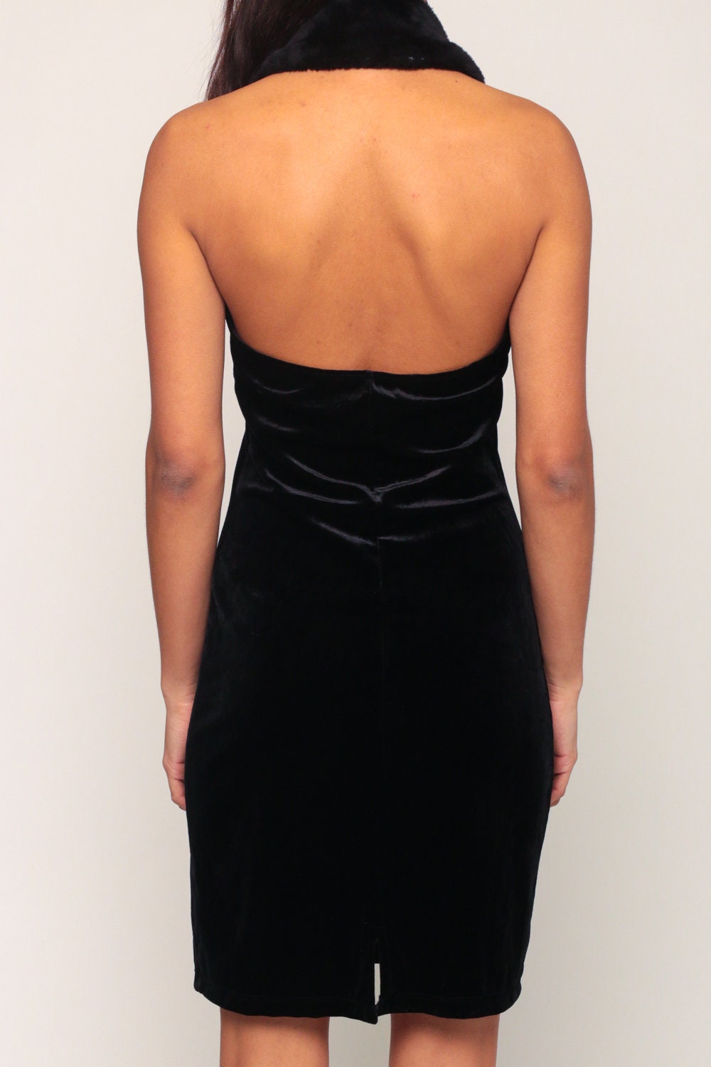 90s Black Velvet Mini Dress Halter Neck Faux Fur Collar Small