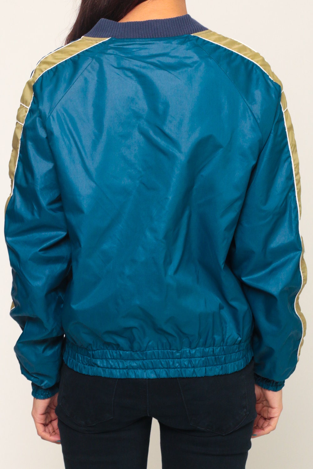 80s Blue Striped Bomber Jacket Nylon Zip-Up Small Medium