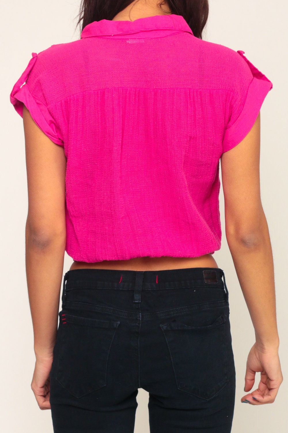 80s Hot Pink Mesh Crop Top Cap Sleeve Sheer Shirt Small Medium