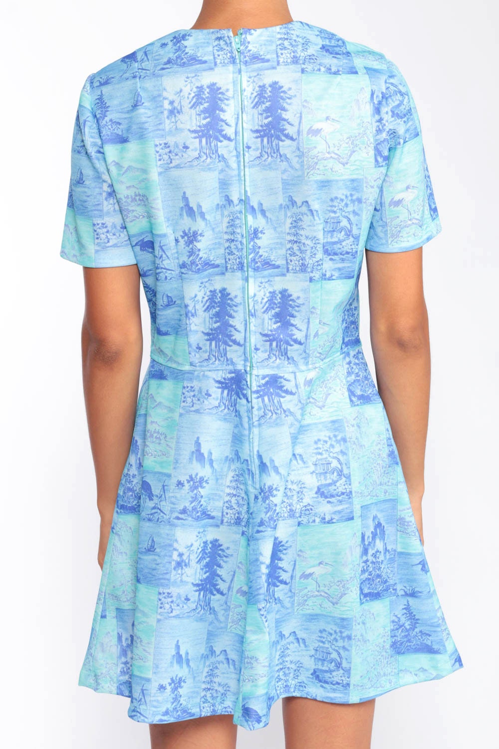 60s Mod Mini Dress Asian Bird Tree Print Blue High Waist Medium