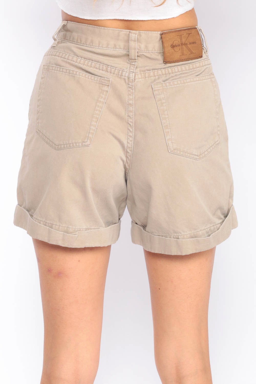 Calvin Klein Khaki Denim Shorts High Waisted Cuffed 90s Extra Small