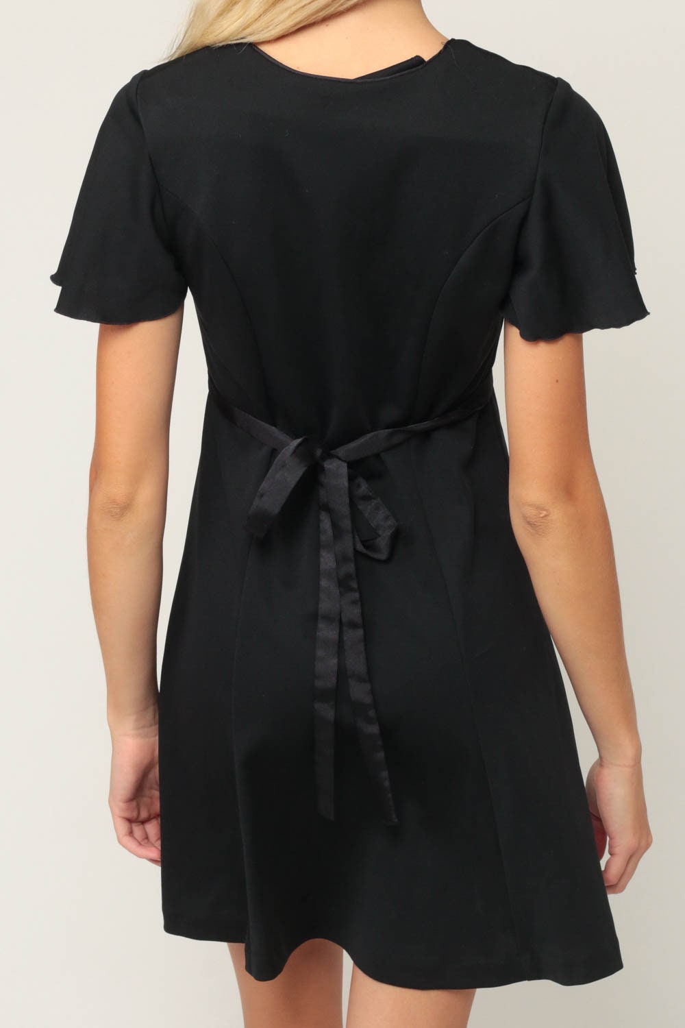 80s Black Mini Dress Flutter Sleeve Shift Rosette Waist Extra Small XS