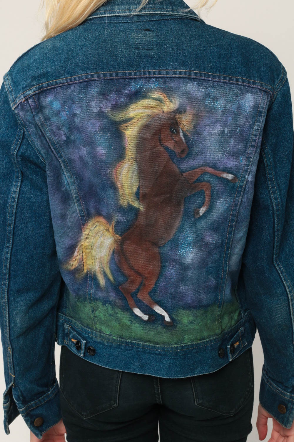 80s Lee Denim Jacket Hand Painted Horse Blue Stone Wash Small