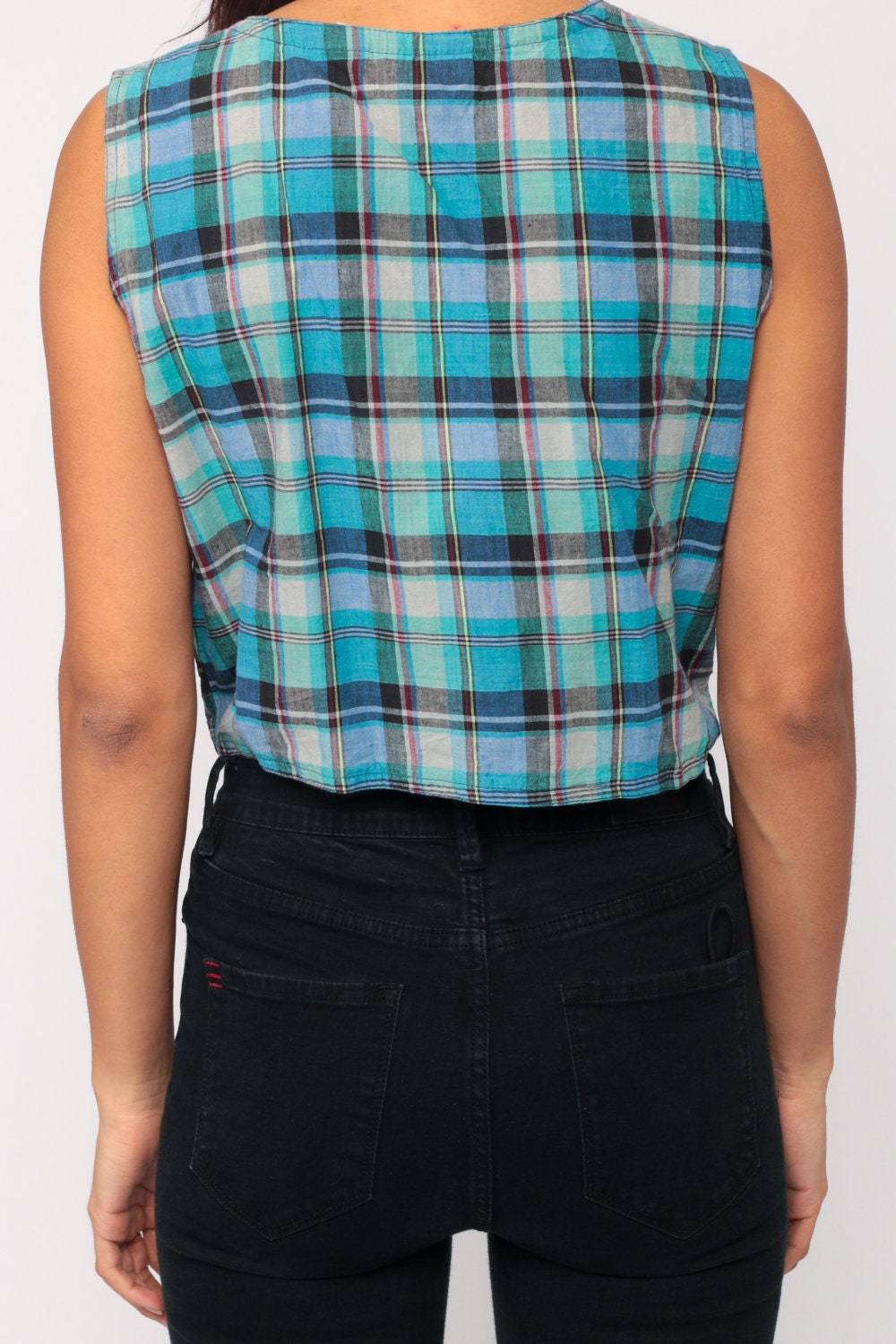 90s Plaid Cotton Crop Top Sleeveless Button-Up Blouse Tie Waist Blue Medium Large