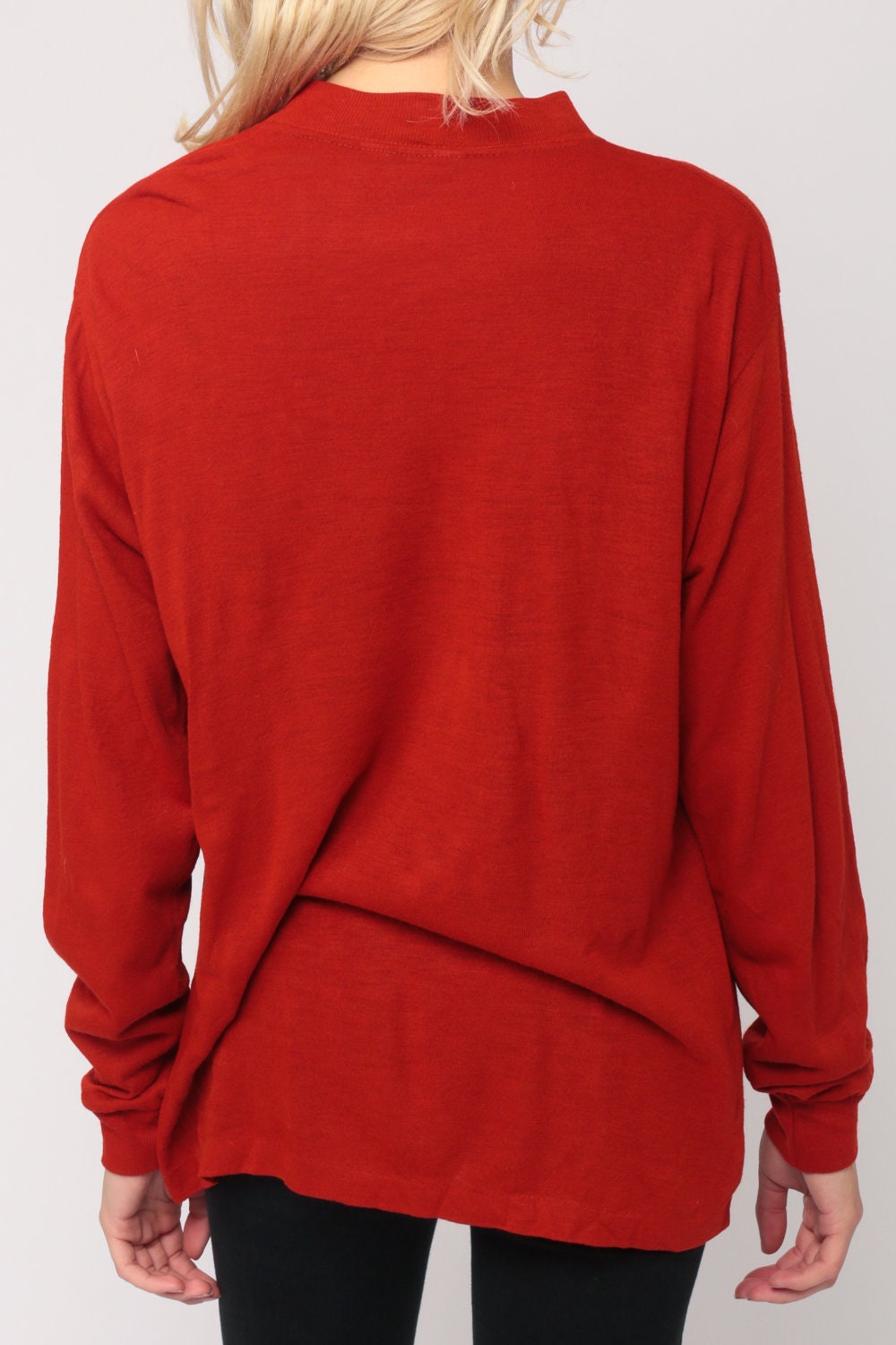 80s Orange-Red Burnout Long Sleeve T-Shirt Pocket Tee Large