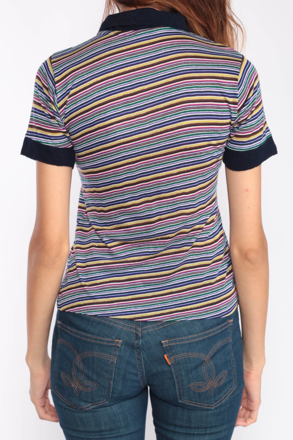80s Rainbow Striped Polo Shirt Gold Metallic Half Button Short Sleeve Extra Small