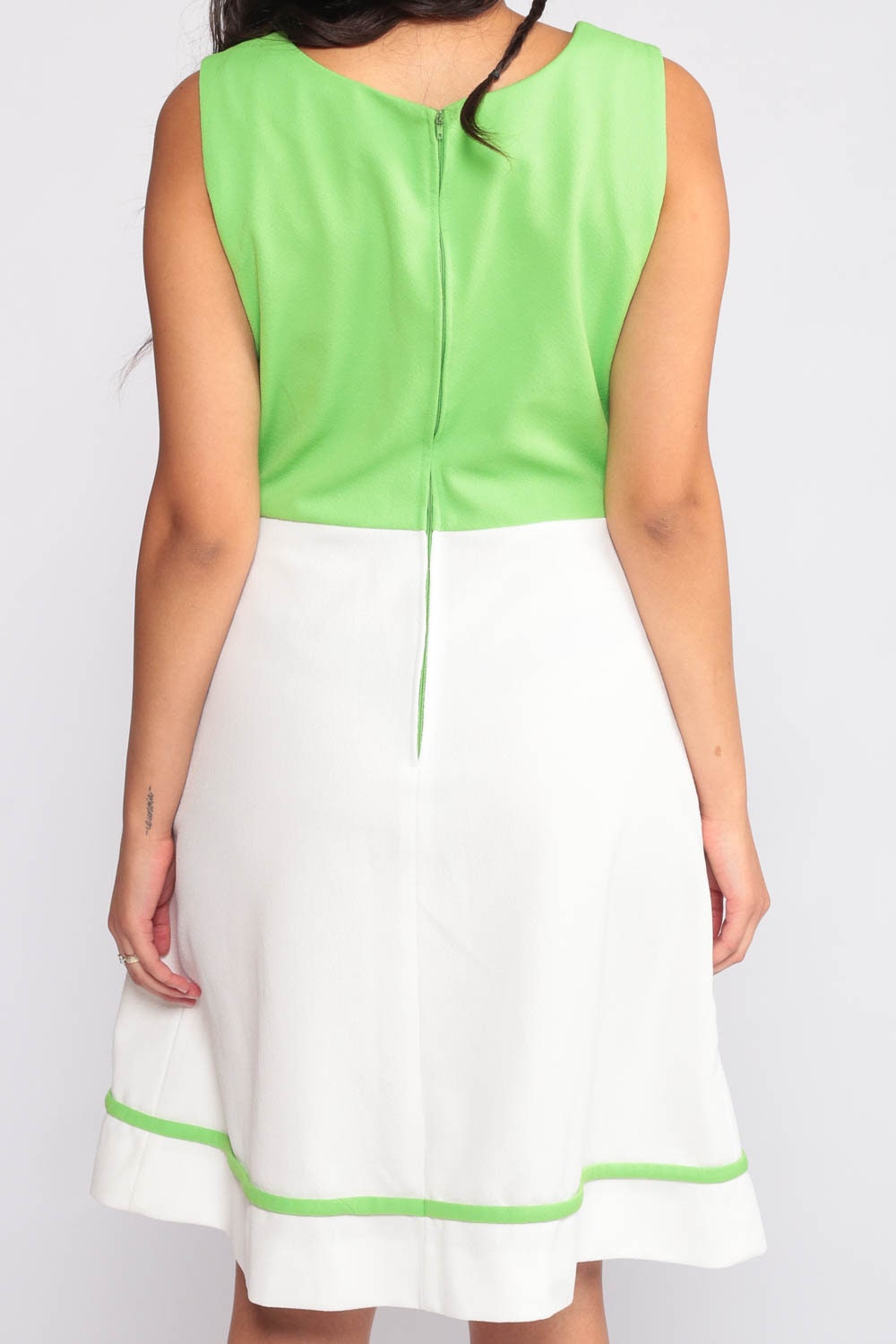 70s Mod Mini Dress Colorblock Lime Green White High Waist Pockets Medium