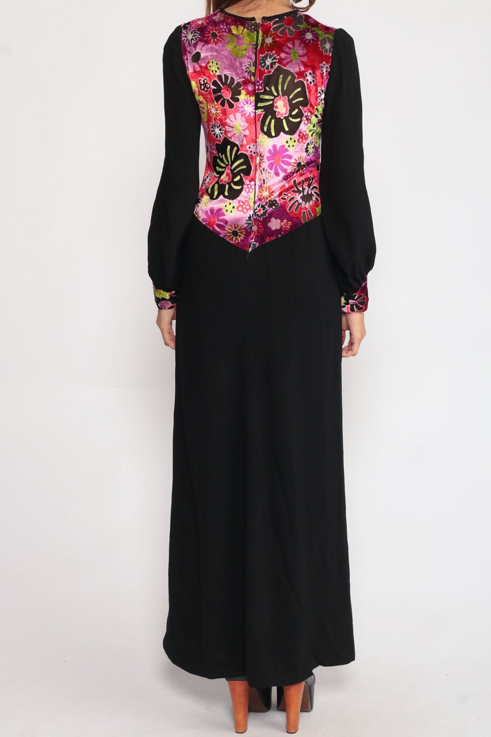 70s Velvet Burnout Floral Maxi Dress High Slit Long Sleeve Black Purple Medium