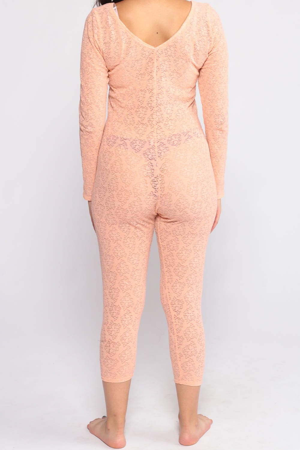 90s Peach Lace Jumpsuit Long Sleeve Sheer Bodysuit Petite Medium