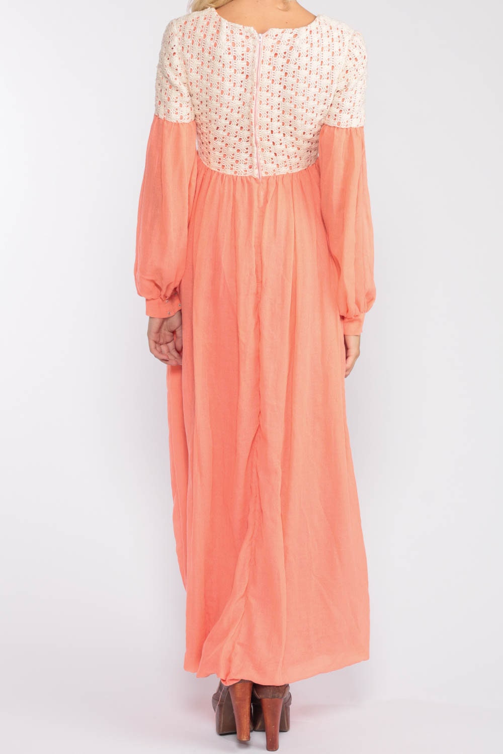 70s Crochet Lace Maxi Dress Peach Empire Waist Party Gown Extra Small