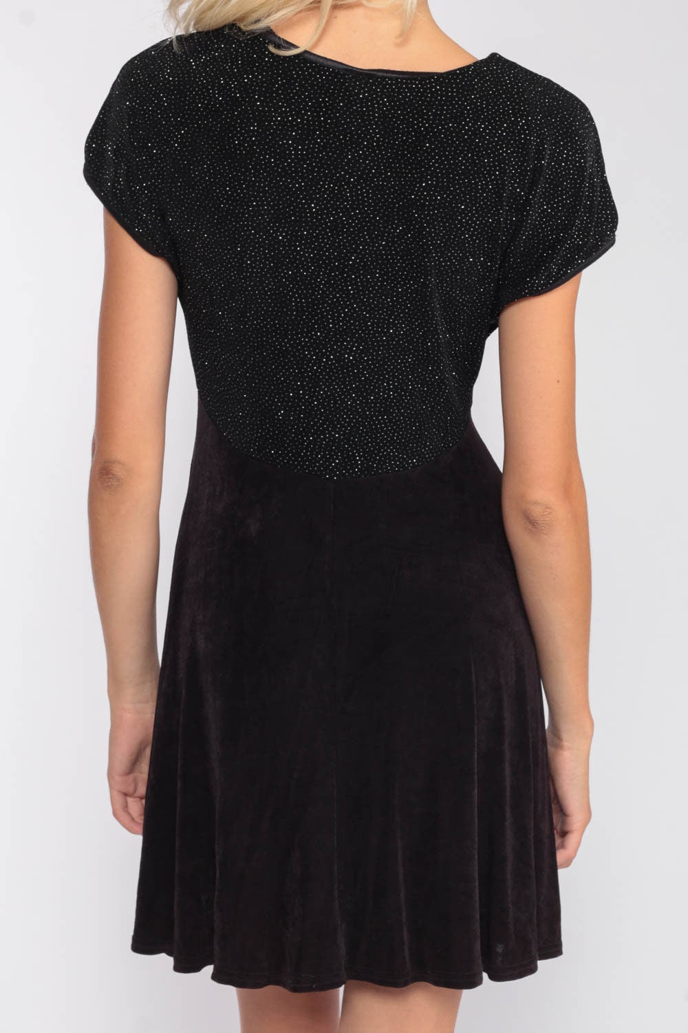 90s Black Metallic Babydoll Mini Dress Empire Waist Short Sleeve Medium