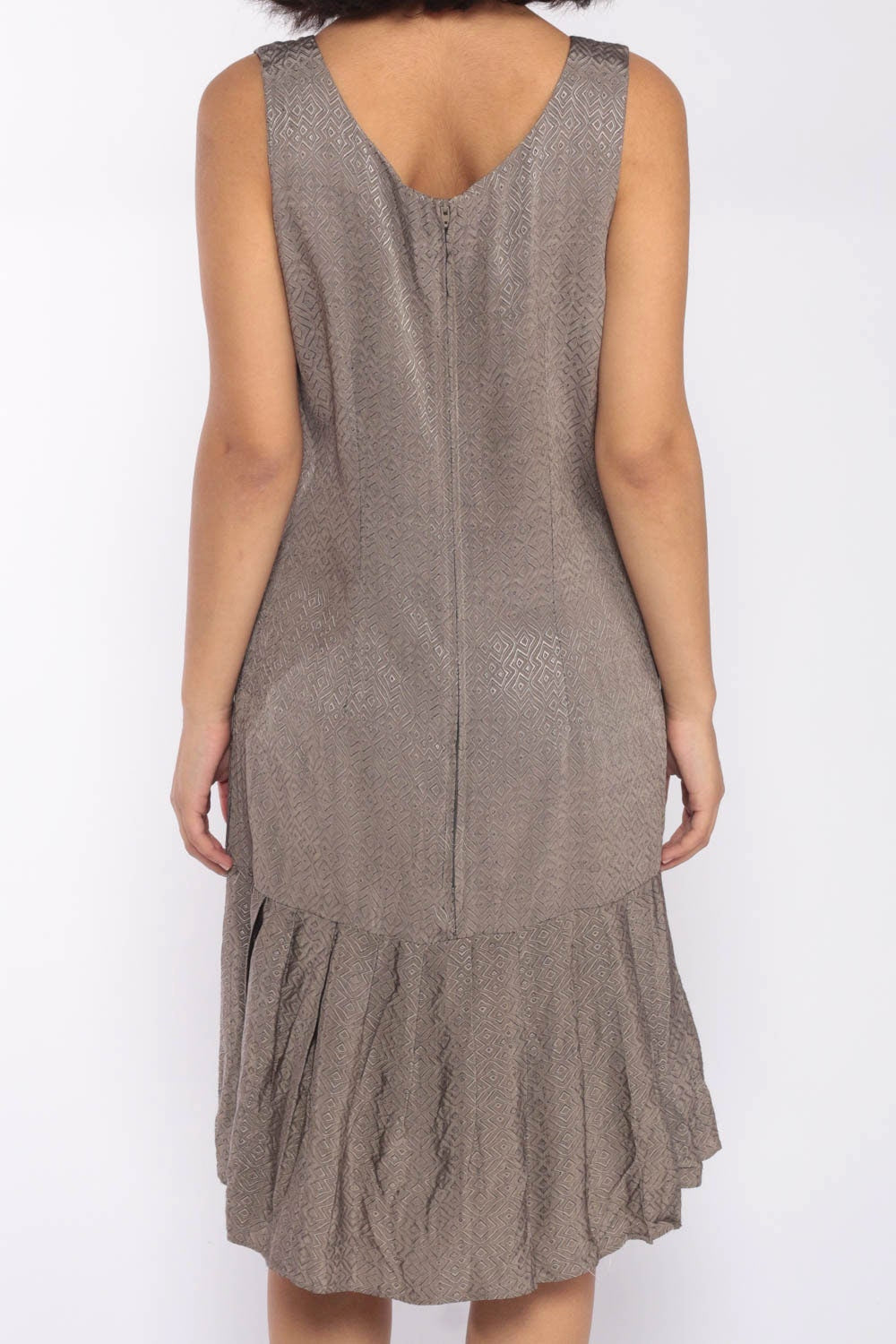 1960s Mod Shift Dress Taupe Geometric Print Drop Waist Sleeveless Midi Medium