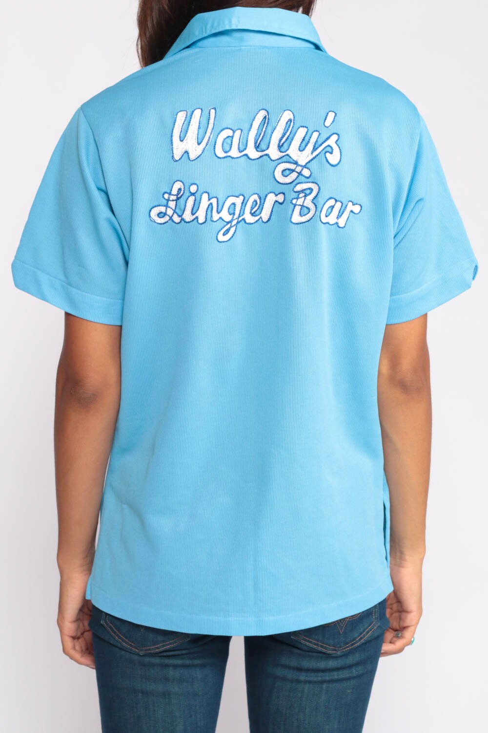 70s Wally's Linger Bar Uniform Shirt Baby Blue Button Up Medium Large