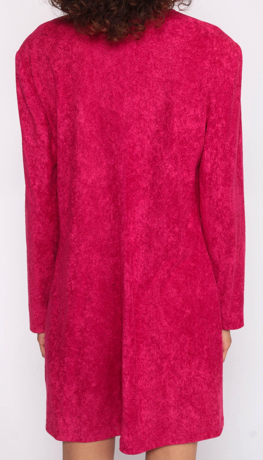 80s Hot Pink Terry Cloth Mini Dress Button Front Long Sleeve Shift Small