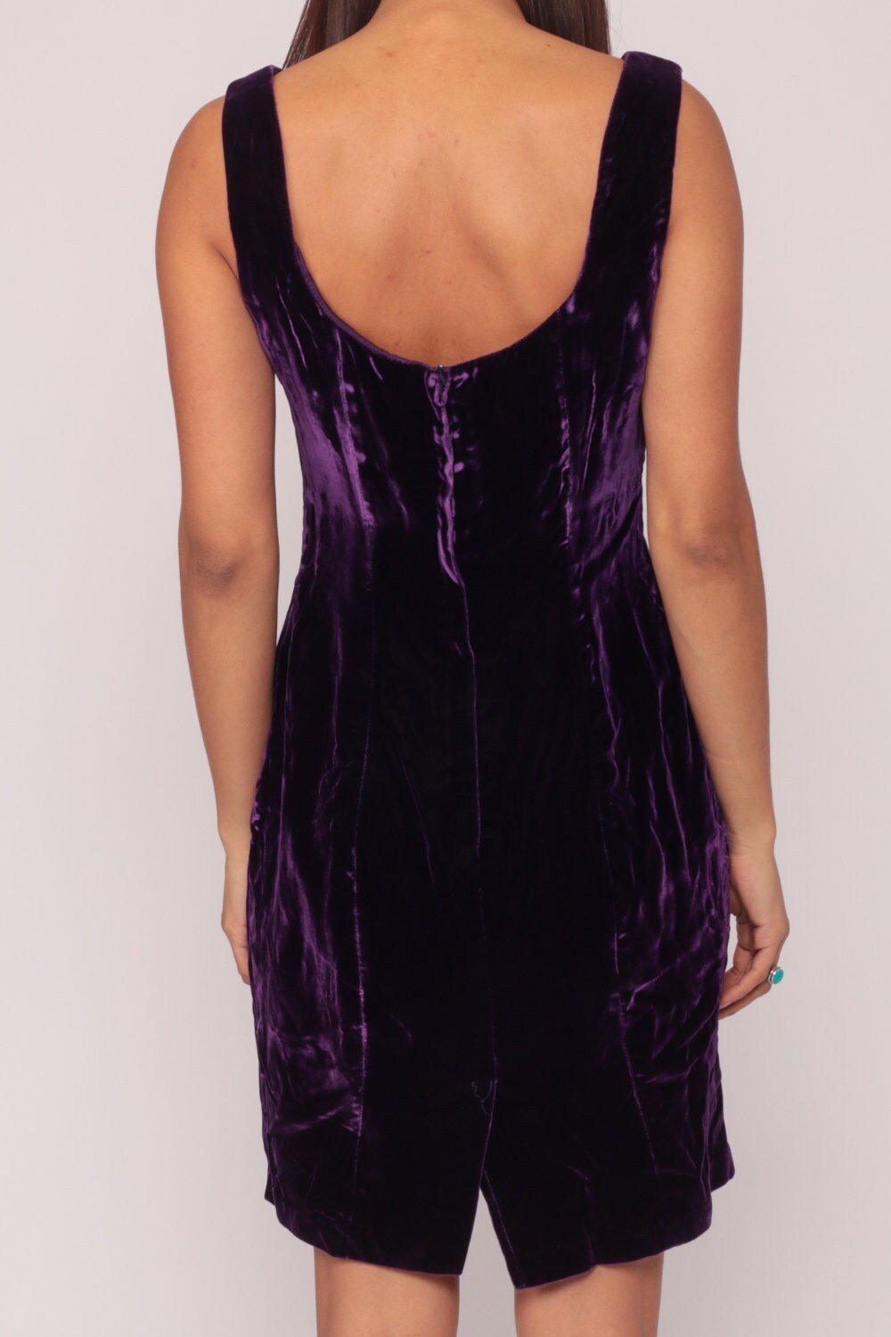 80s Purple Velvet Mini Dress Sleeveless Scoop Neck Low Back Small
