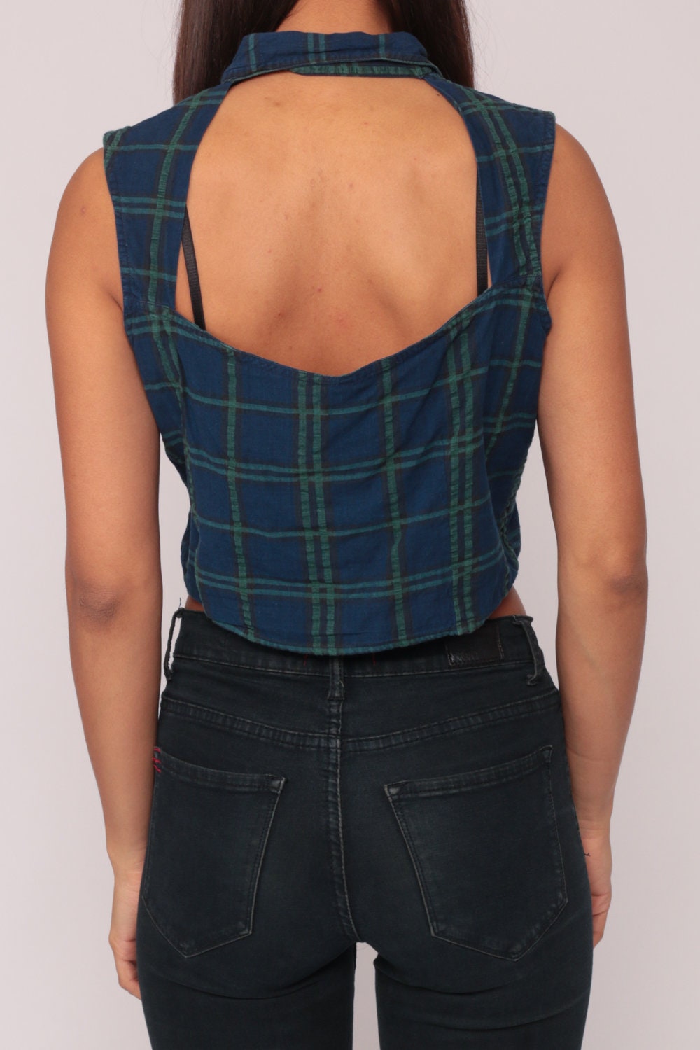 90s Blue Plaid Flannel Sleeveless Shirt Keyhole Backless Button Up Large