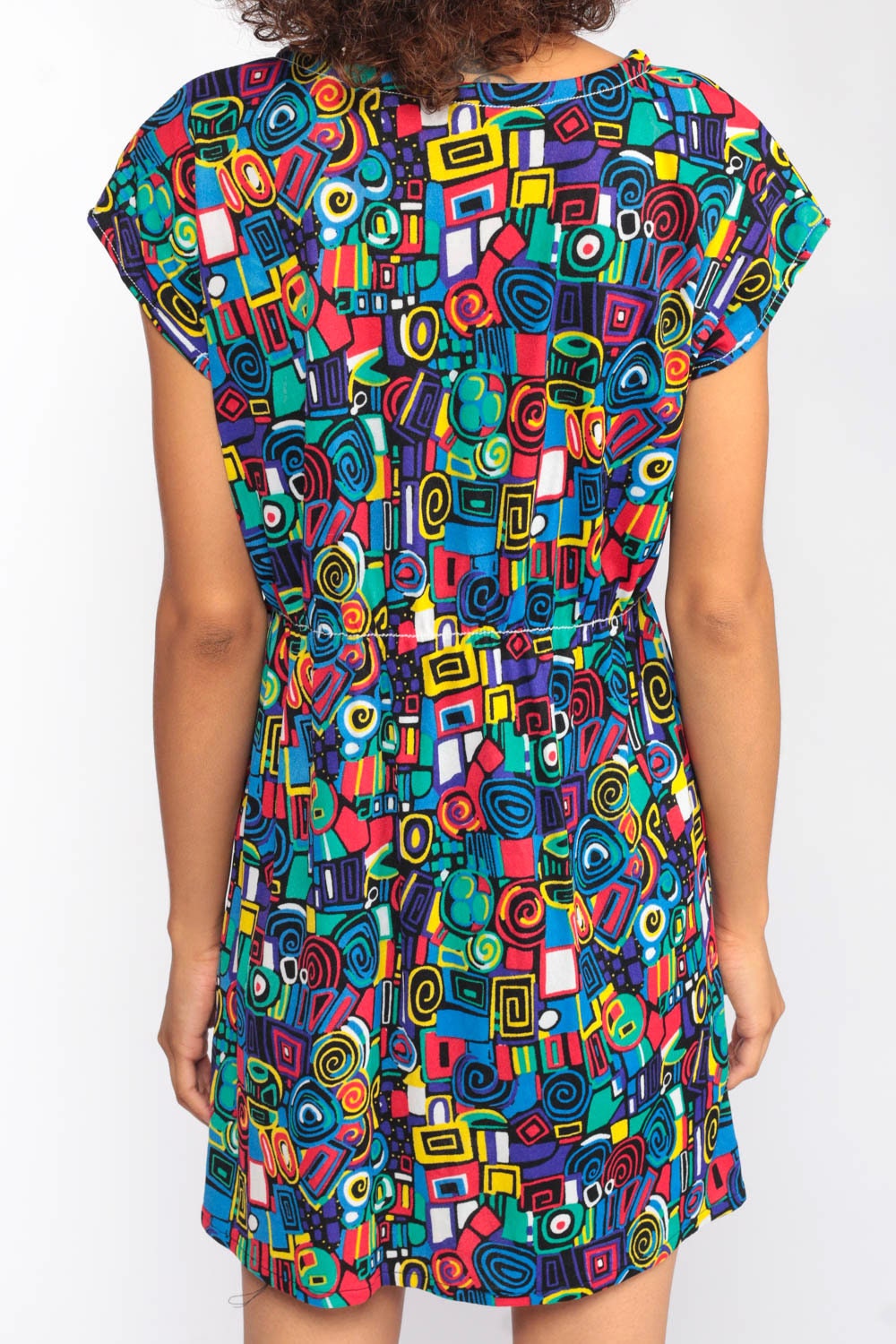 70s Geometric Swirl Mini Dress Keyhole Cap Sleeve High Waist Small Medium