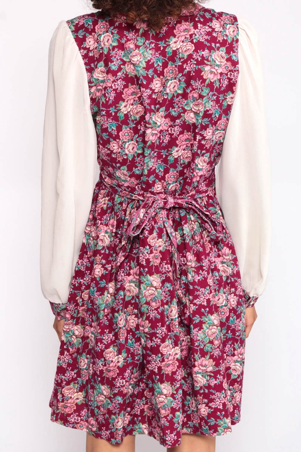 80s Floral Mini Dress Puff Sleeve Button-Up White Pink Small