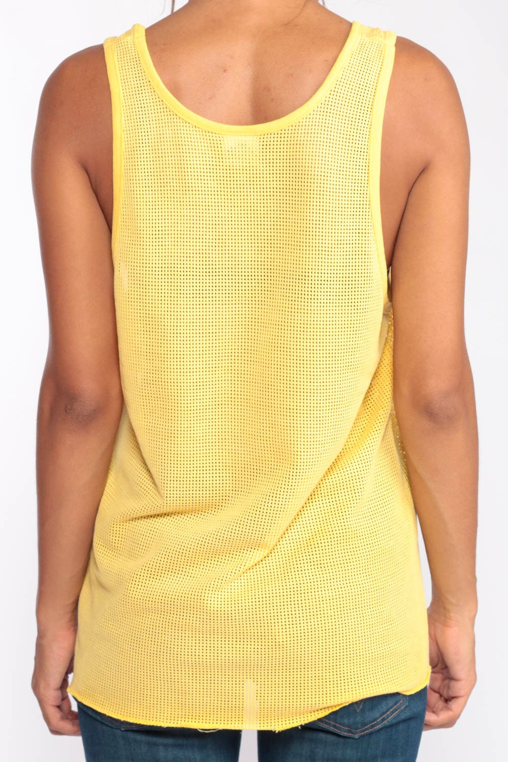 80s Yellow Mesh Tank Top Sheer Sleeveless Jersey Unisex Large