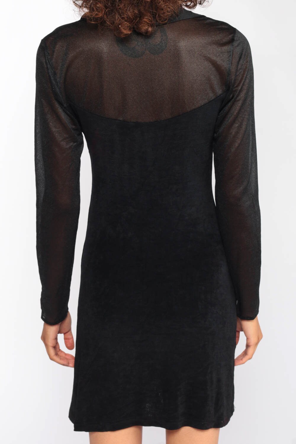 90s Black Mini Dress Sheer Sleeve Sheath Cocktail Extra Small XS