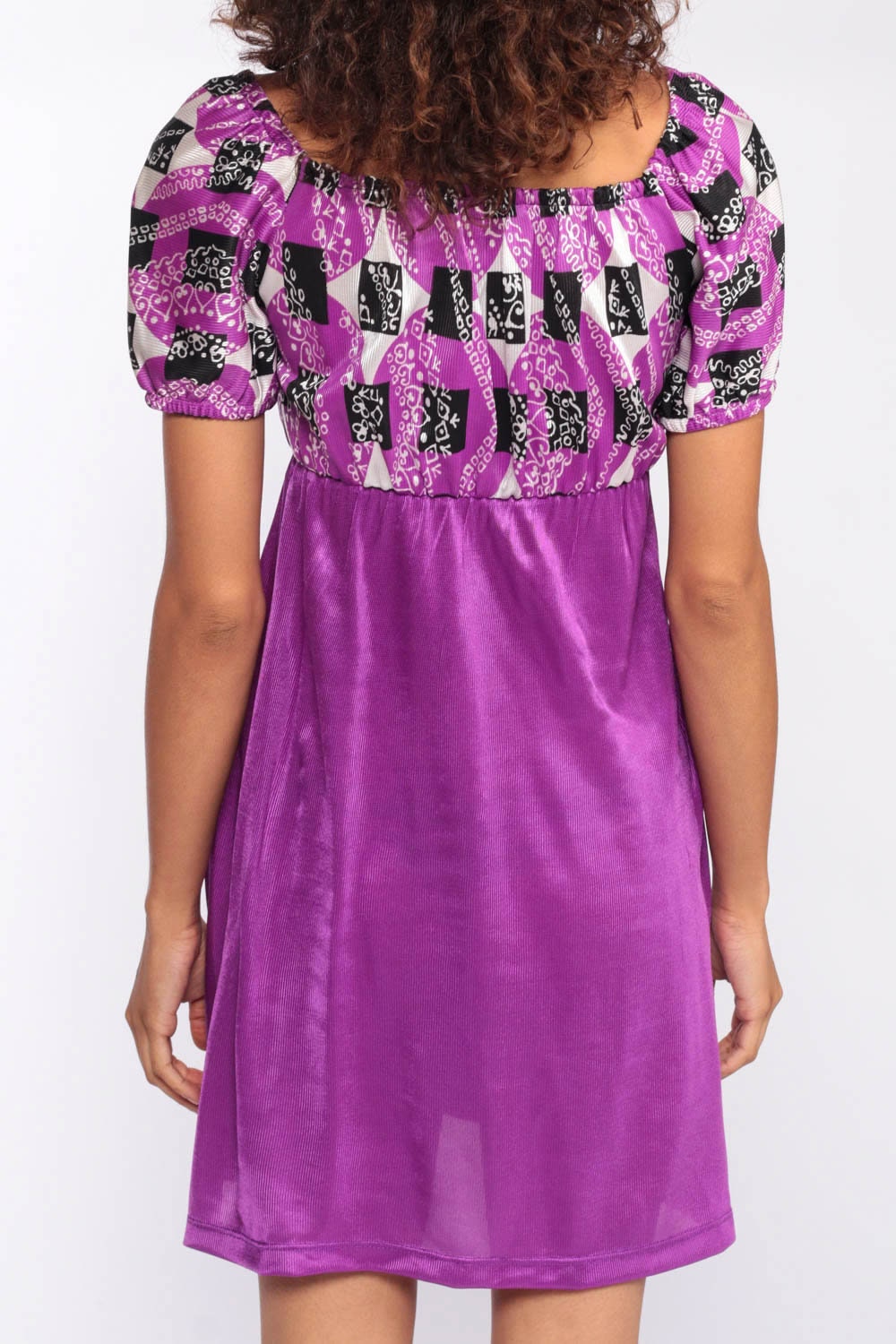 70s Purple Psychedelic Babydoll Mini Dress Empire Waist Extra Small