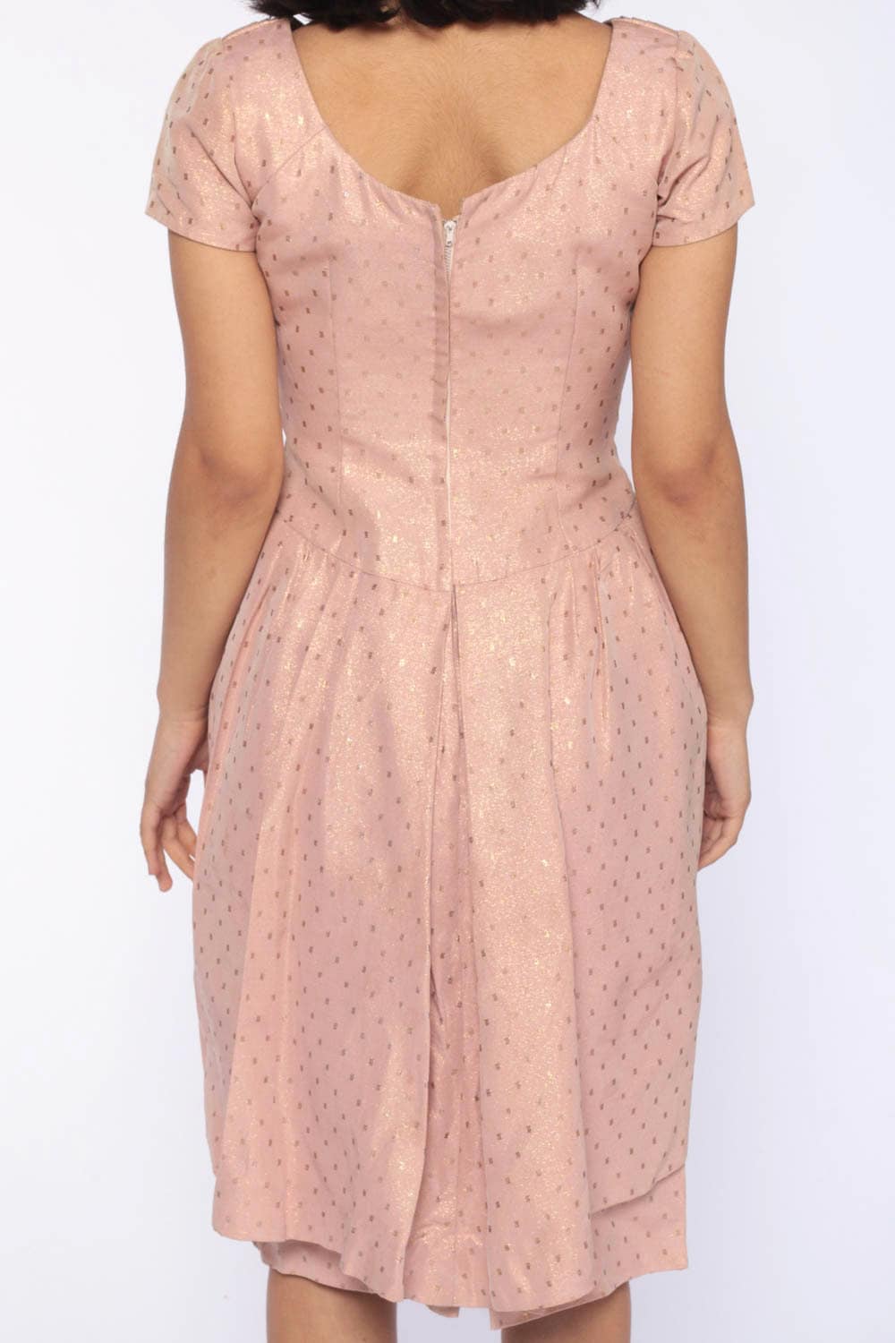 1950s Pink Metallic Tulip Skirt Party Dress Tea Length Extra Small XS