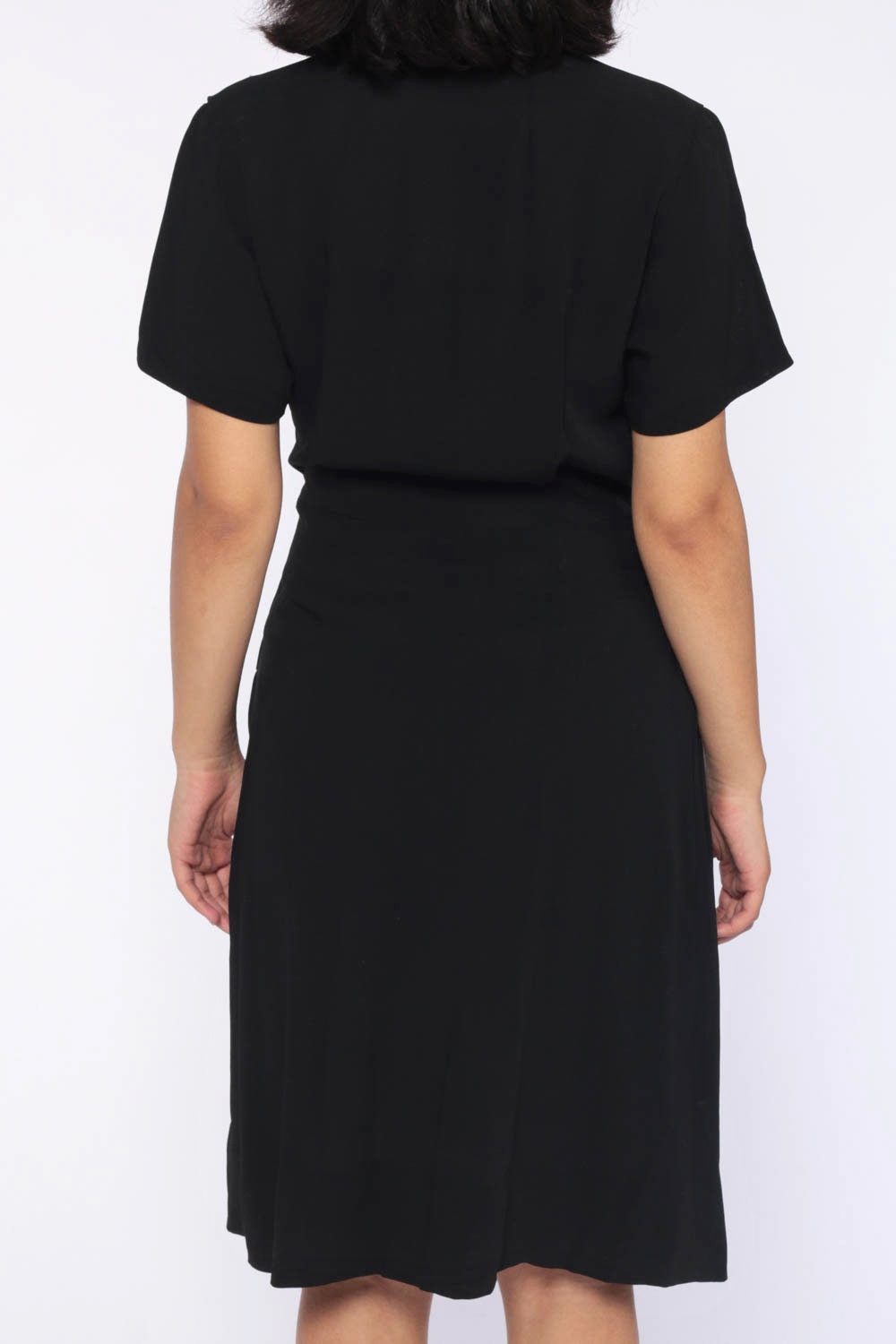 1940s Black Crepe Dress Asymmetrical Collar High Waist Midi Short Sleeve Extra Small