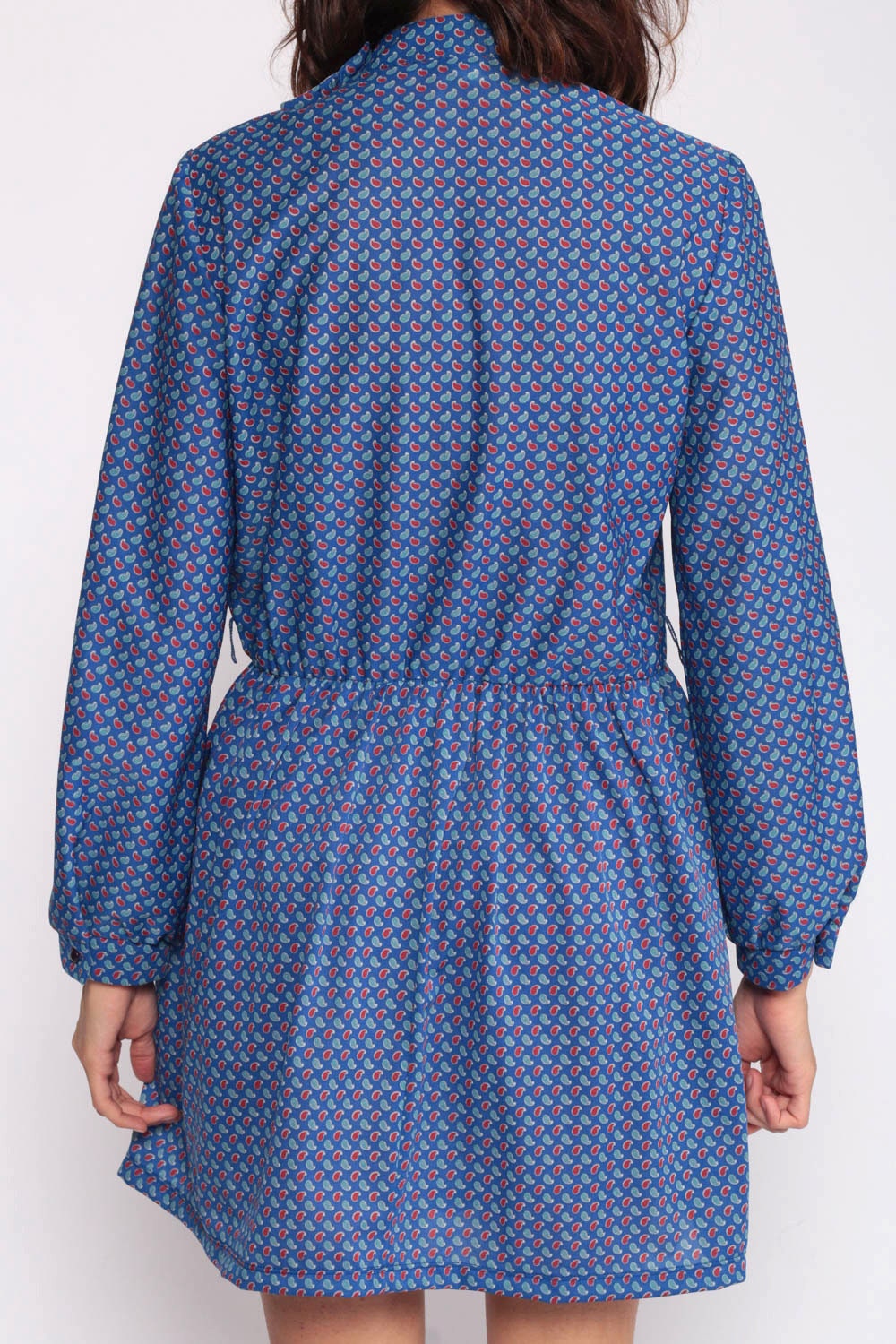 70s Paisley Print Midi Dress Blue Red Button-Up Long Sleeve Medium Large