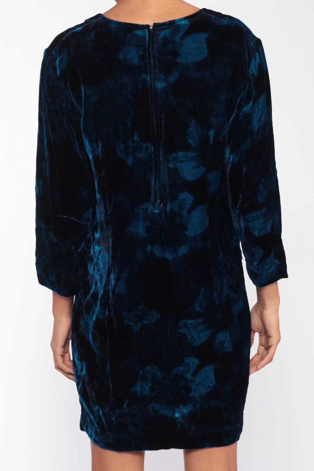 80s Blue Velvet Mini Dress Floral Tie Dye Long Sleeve Shift Medium