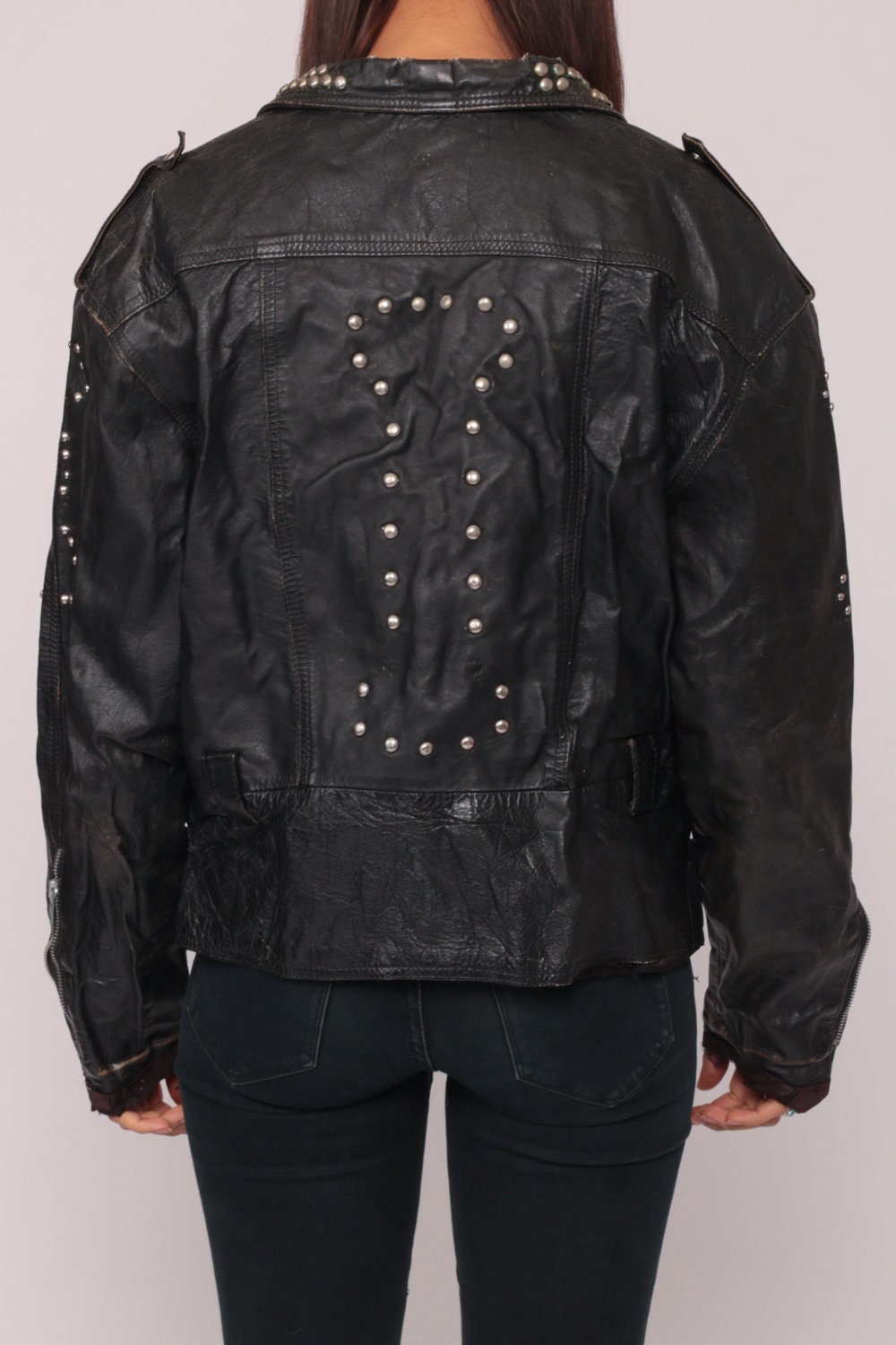 80s Black Leather Motorcycle Jacket Studded Dog Bone Biker Distressed Large XL