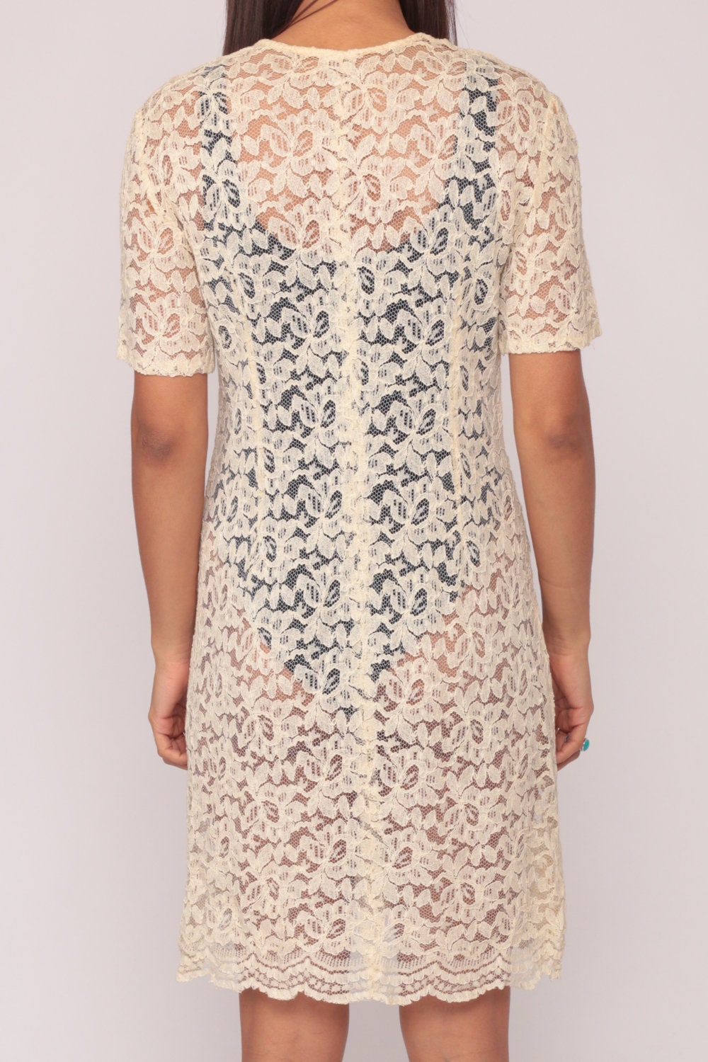 80s Cream Lace Jacket Scalloped Hem Sheer Button-Up Kimono Small