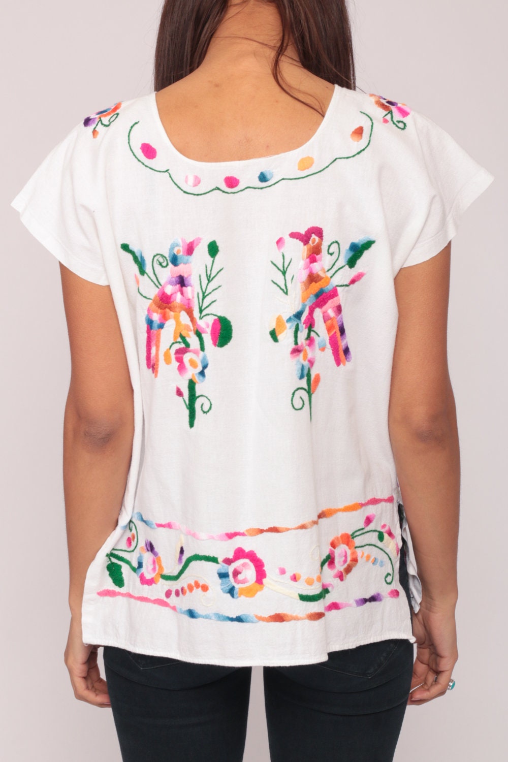 80s Mexican Embroidered Cotton Blouse White Bird Floral Tunic Medium Large