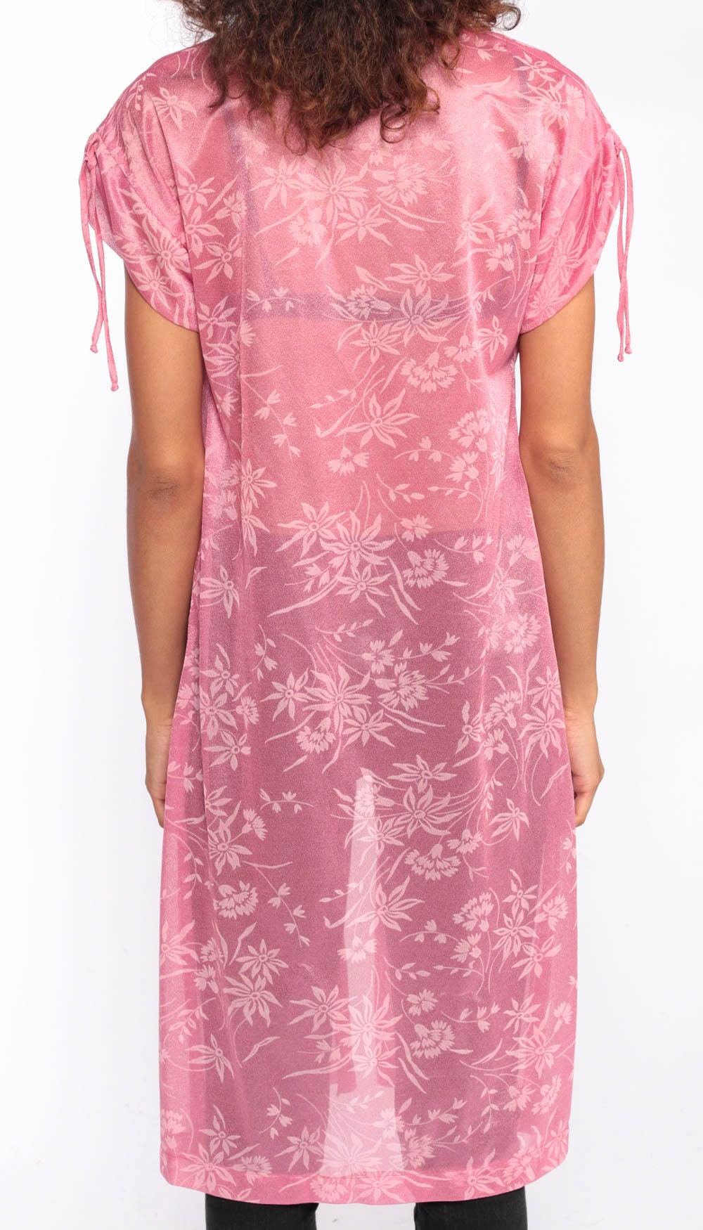 70s Pink Floral Sheer Kimono Jacket High Slit Cap Sleeve Small