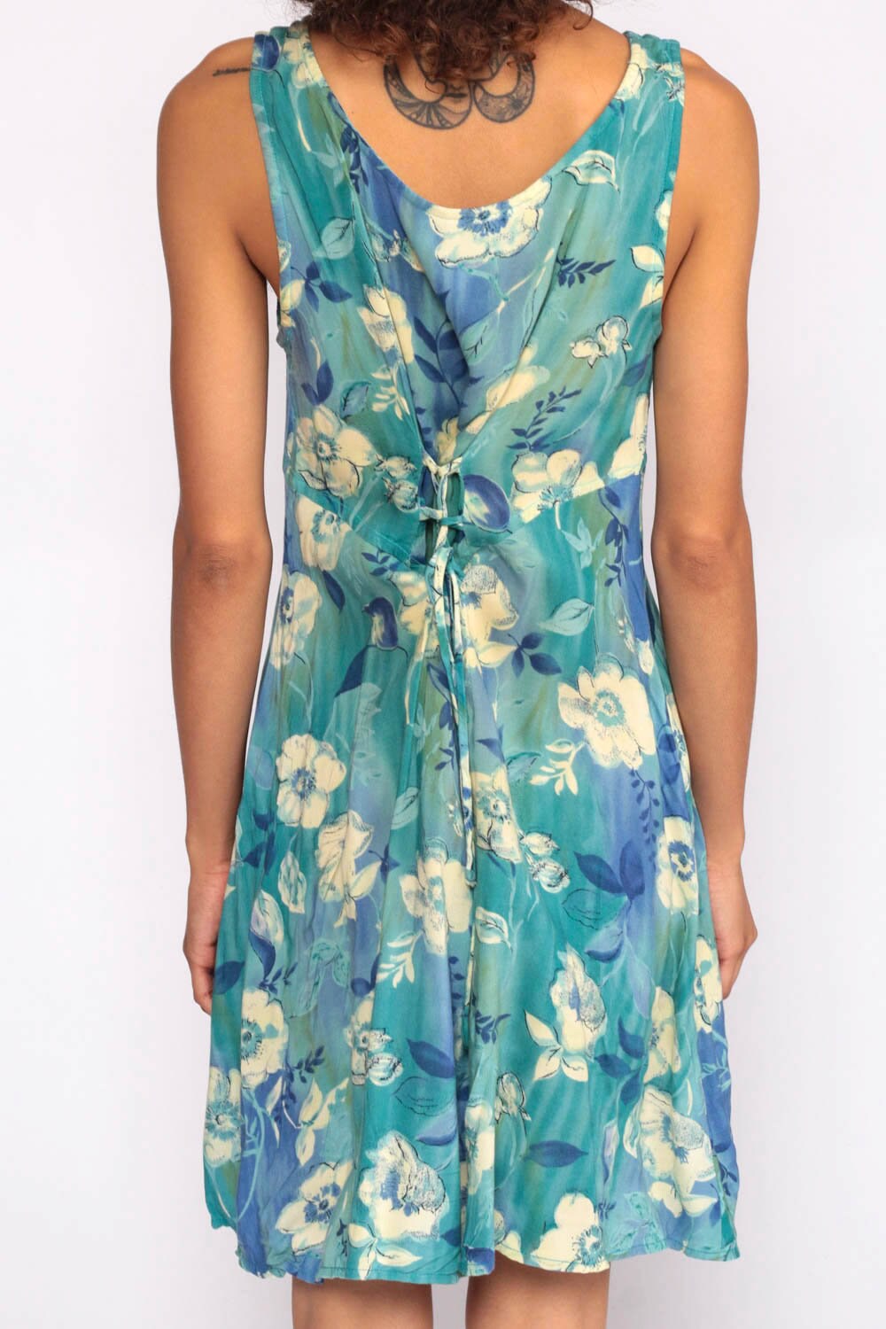90s Floral Mini Dress Blue Yellow Sleeveless Sheath Corset Back Small Medium