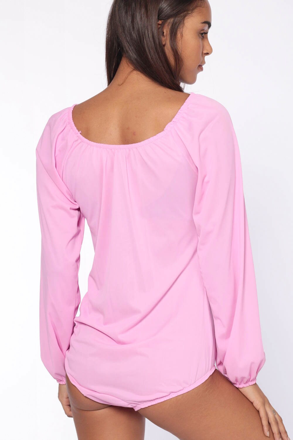 70s Pink Bodysuit Long Sleeve Nylon Leotard Small