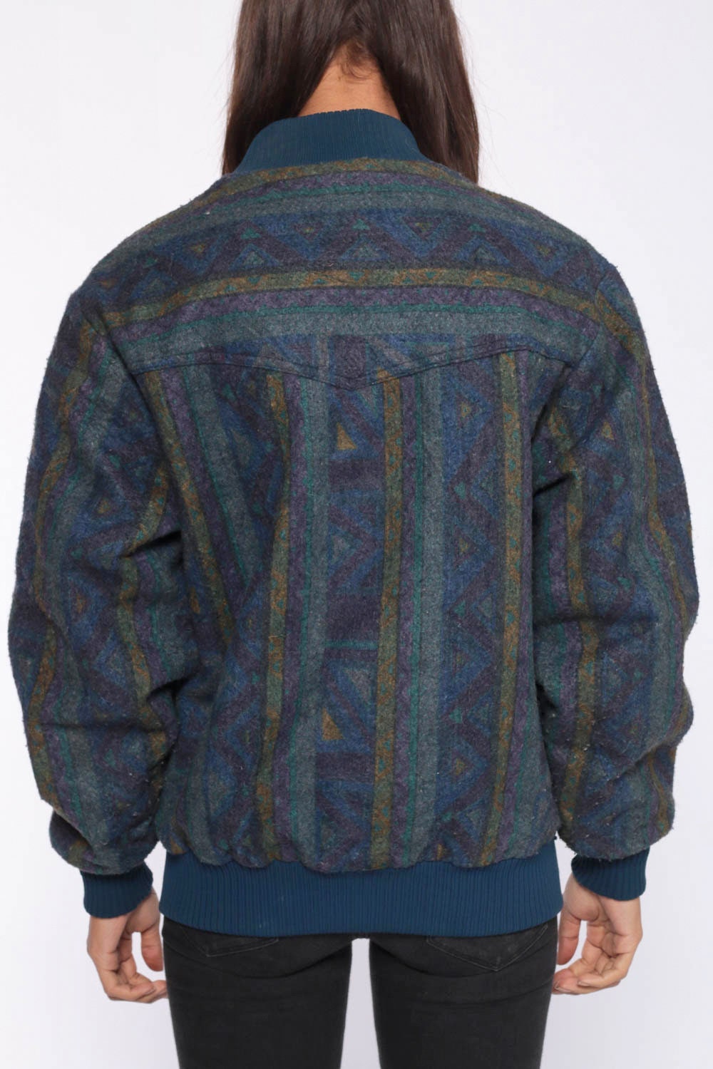 80s Southwestern Tribal Print Blue Bomber Jacket Unisex Medium Large