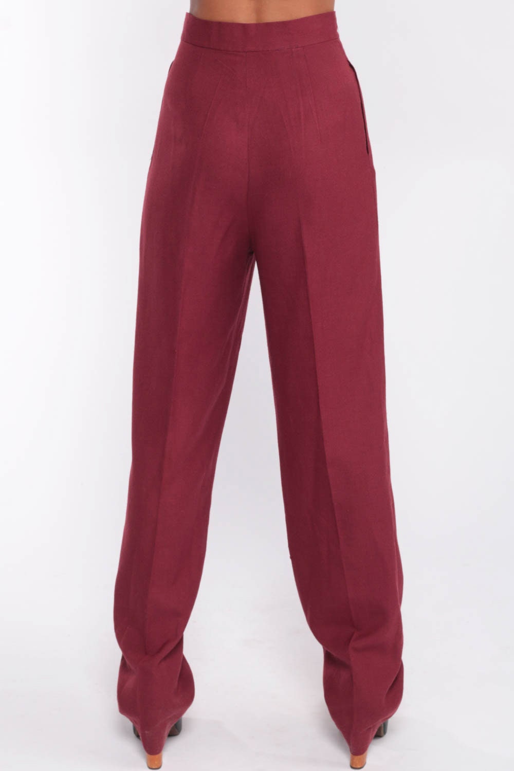 70s Burgundy High-Waist Wide-Leg Pleated Trousers Extra Small XS