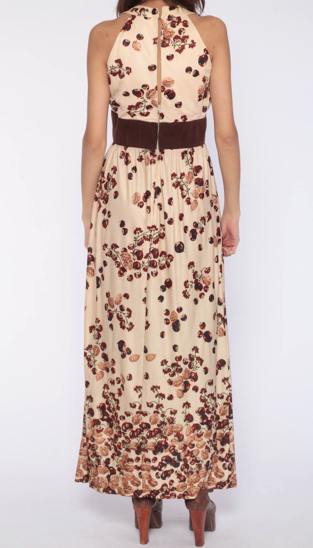 70s Hazelnut Print Maxi Dress Empire Waist Sleeveless Small