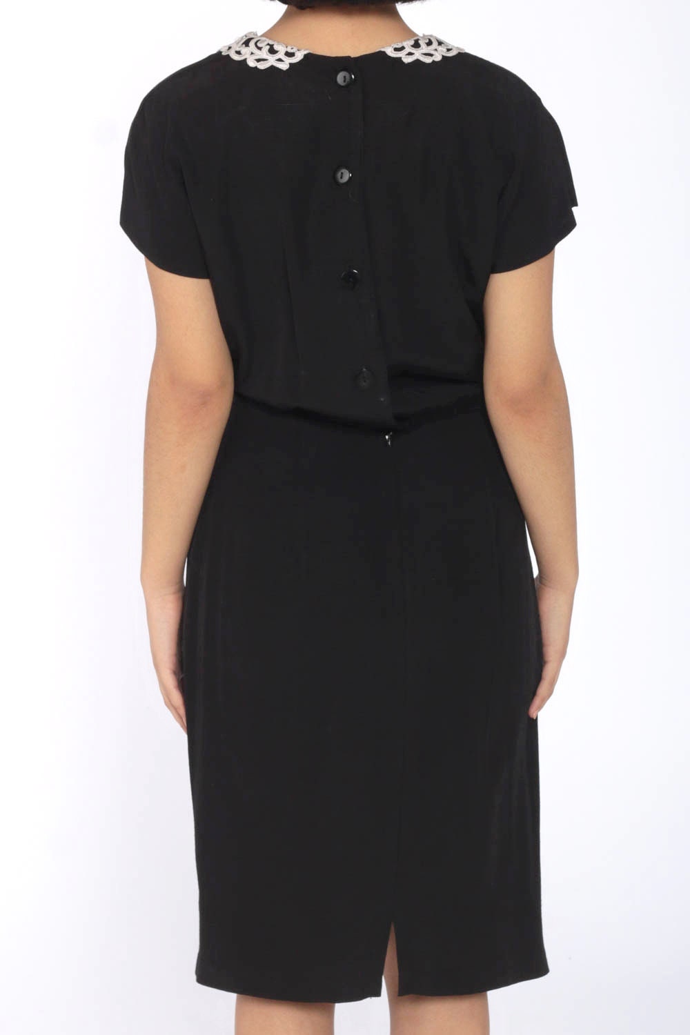 80s Black Mini Dress White Peter Pan Collar Cap Sleeve Extra Small XS