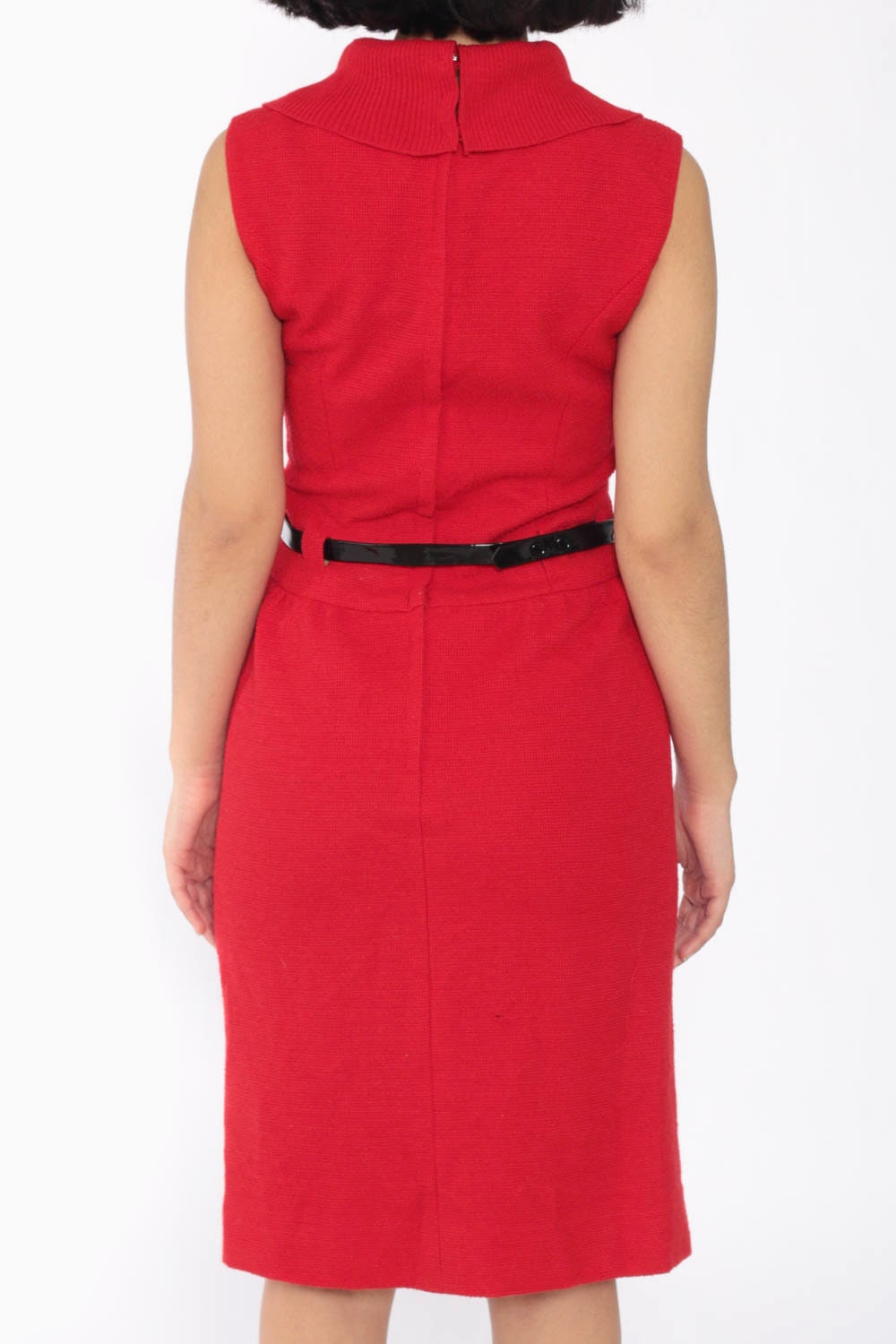60s Red Wool Pencil Dress High Waist Belted Knee Length Extra Small