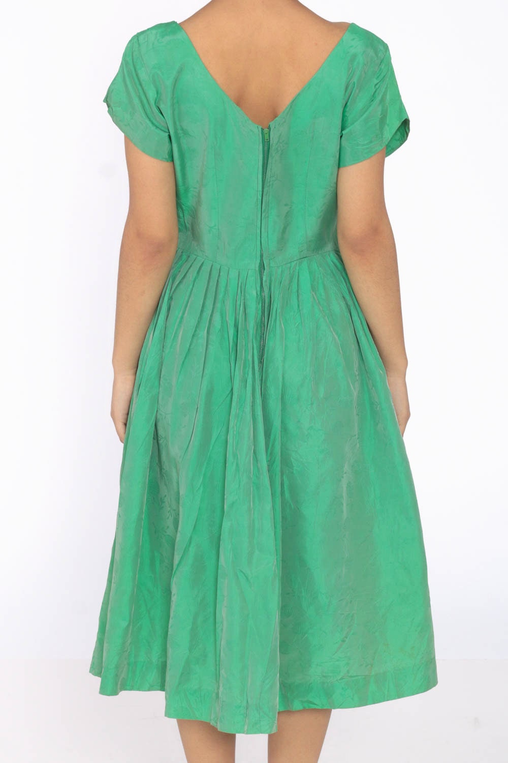 1960s Green Floral Taffeta Midi Dress Double Breasted High Waist Small