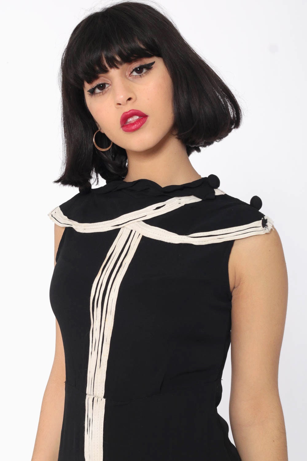 1960s Black Sheath Dress White Collar Sleeveless Midi Extra Small