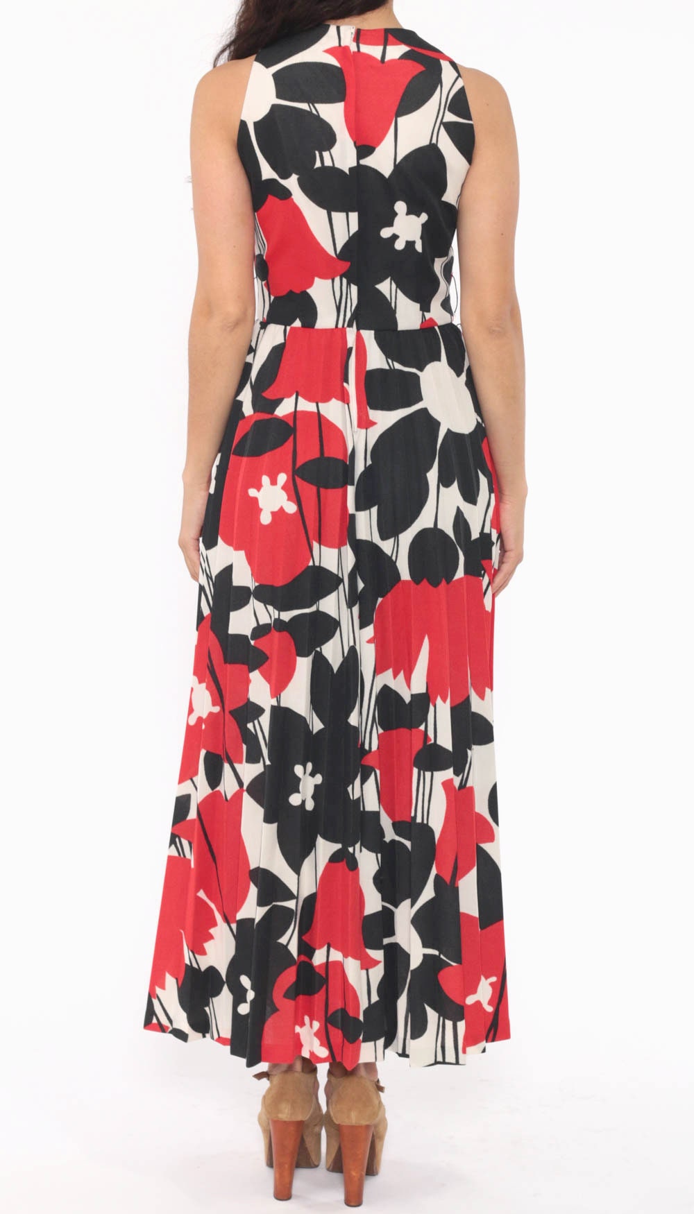 70s Michelle by Almalfi Floral Maxi Dress High Waist Pleated Red Black White Extra Small
