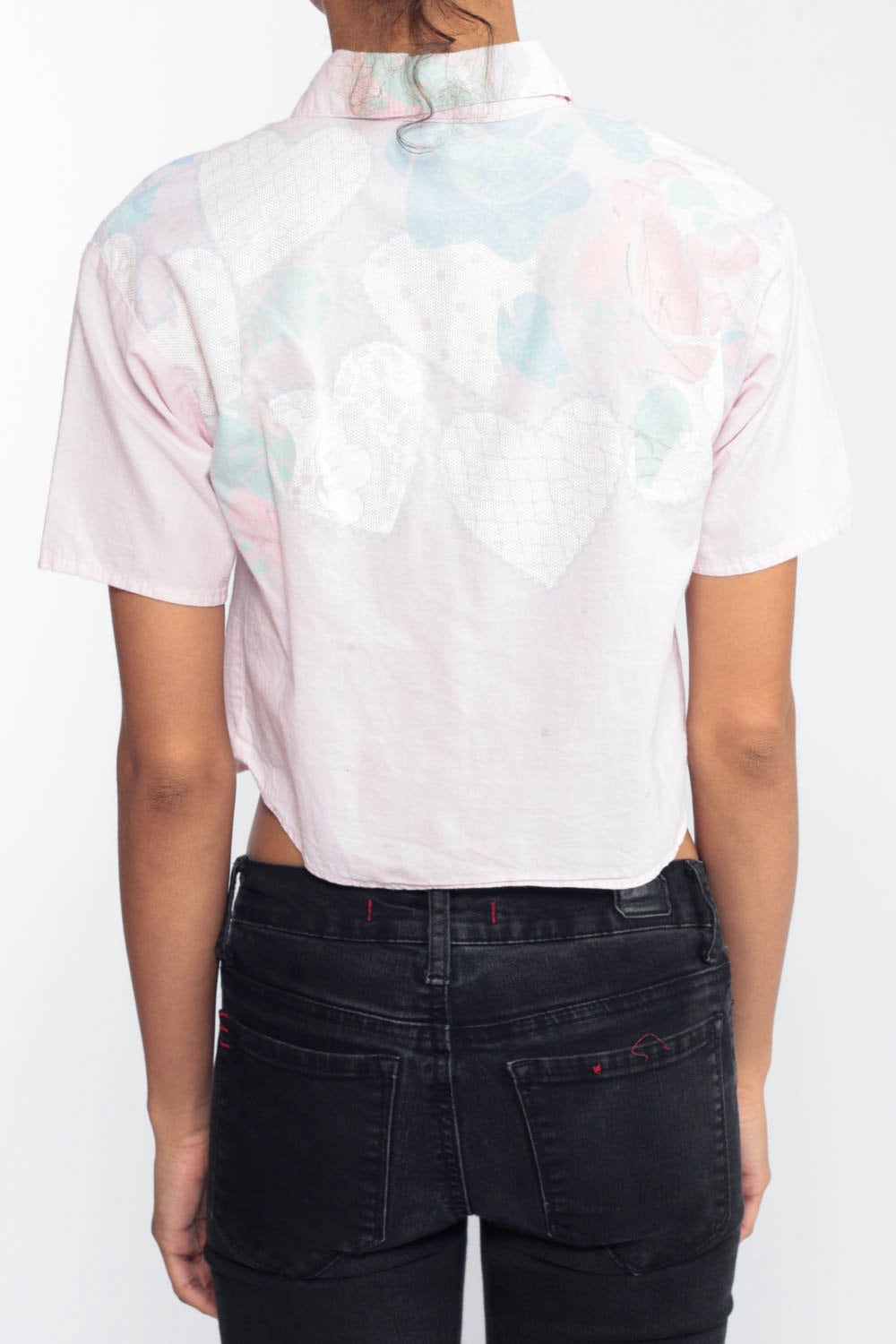 80s Heart Floral Button Up Blouse Baby Pink Glitter Print Extra Small XXS