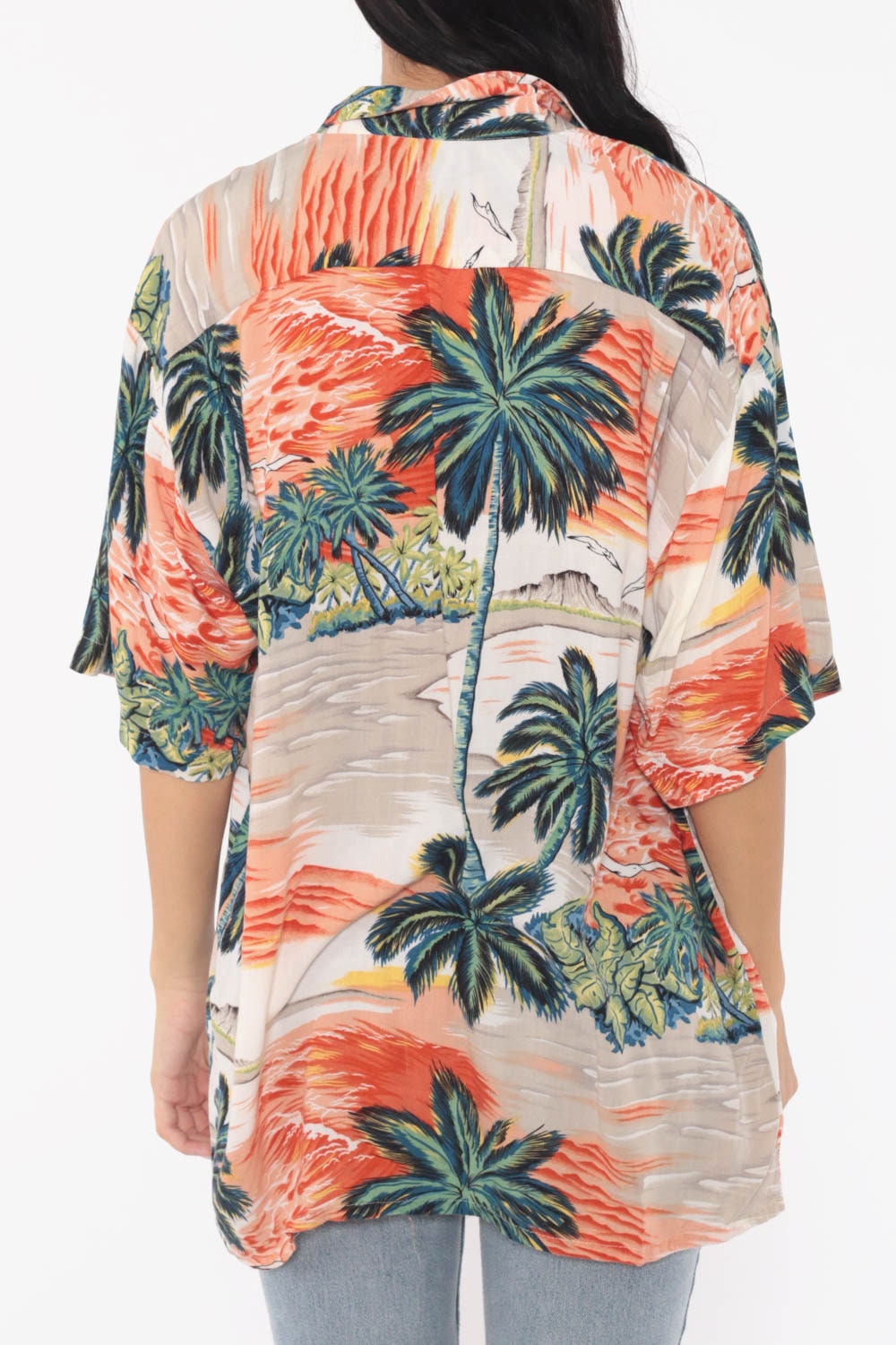 90s Hawaiian Shirt Tropical Palm Tree Print Button Up Orange Extra Large